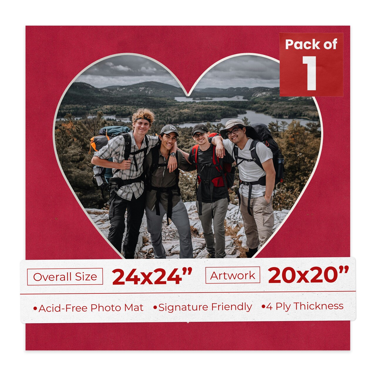 Red Suede Mat Board for 24x24 Frames - Heart Opening for 20x20 Photos